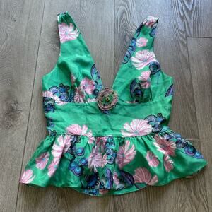 cynthia rowley eden green floral print 100% silk peplum blouse top size XS 2